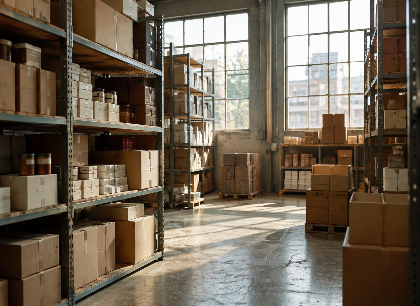 Organized neutral-toned product packaging on shelving in a working warehouse