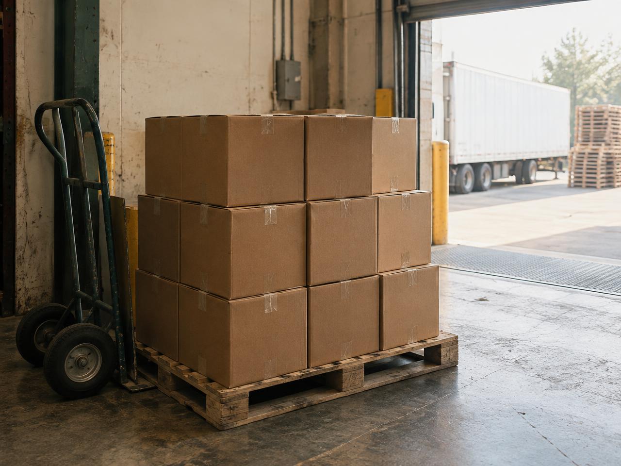 Pallets of cartons being organized in a distribution facility